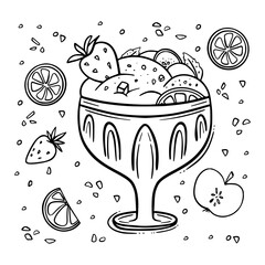 Dessert with strawberries, orange, apples and crunch, set doodle icon in hand drawn color style isolated on white background with straw. Flat design. Vector illustration.