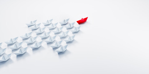 Arrow shaped group of paper boats with red leader going in same direction - 3D illustration