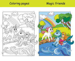 Obraz premium Coloring and color unicorn, seahorse and mermaid