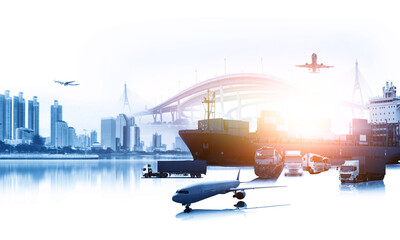 Fototapeta premium Global business of Container Cargo freight ship for Business logistics concept, Air cargo trucking, Rail transportation and maritime shipping, Online goods orders worldwide