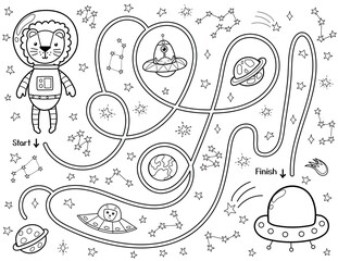 Help a cute lion astronaut find a way to the flying saucer. Black and white space maze for kids. Activity page with funny space character. Mini game and coloring page. Vector illustration