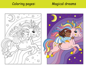 Coloring and color black girl sleeps on back of a flying unicorn © alinart