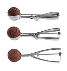 Chocolate ice cream in spoon for scoop on white background