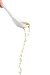 chef pouring noodle soup on white background, Soup for sukiyaki from chicken and fish