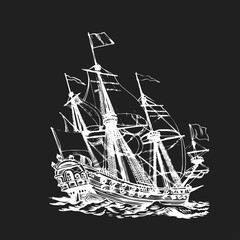 Sailing ship, graphic hand drawing. Sea or river transport, an isolated object. Vector