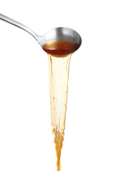 Dipper pouring spicy noodle soup on white background, Soup for sukiyaki from chicken and fish