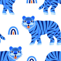 Seamless vector pattern with blue tiger. Cartoon style.