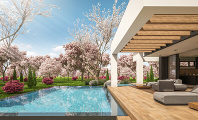 3d rendering of modern cozy house with pool and parking for sale or rent in luxurious style and beautiful landscaping on background. Fresh spring day with a blooming trees with flowers of sakura