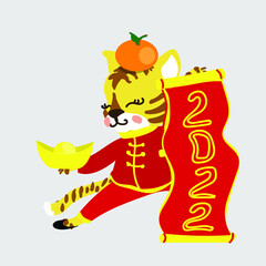 The Little Tiger with Chinese scroll 2022 and with gold and orange. Chinese New Year. Gong Xi Fa Cai. The year of Tiger. Vector illustration for red envelope, card