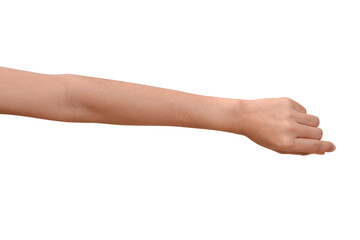 Woman hand holding isolated on white background.