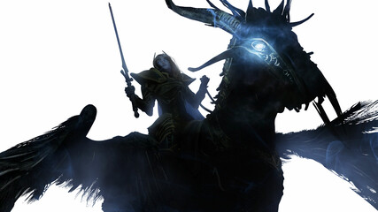 A beautiful vampire woman with a sword sits on a demonic sinister horse in plate armor, his eyes glow in the dark, she looks forward holding the reins of her dark pegasus with large black wings. 2d  © warmtail