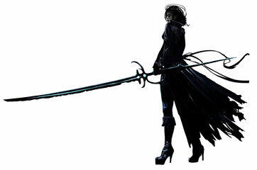 A beautiful demon hunter girl in a tight leather cloak and stiletto boots, a long magic sword saber in her hands, she stands epically on her slender sexy legs. 2d illustration - obrazy, fototapety, plakaty