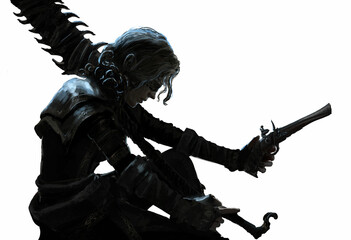 A black silhouette of an exhausted warrior woman with a huge sword saw, with many sharp fangs along the blade and a pistol on her belly, she sits with her head bowed in gloomy thoughts 2d illustration