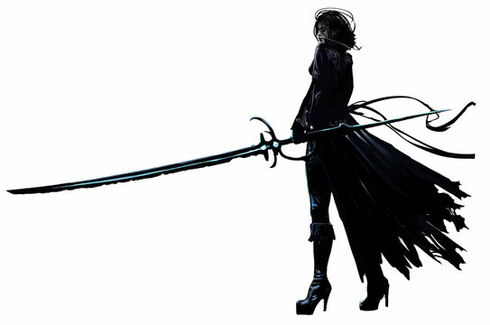 A Beautiful Demon Hunter Girl In A Tight Leather Cloak And Stiletto Boots, A Long Magic Sword Saber In Her Hands, She Stands Epically On Her Slender Sexy Legs. 2d Illustration