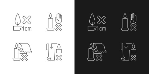 Safety label for candles linear manual label icons set for dark and light mode. Customizable thin line symbols. Isolated vector outline illustrations for product use instructions. Editable stroke