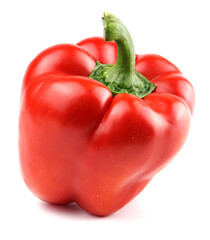 Red bell pepper with green tail isolated on white background.