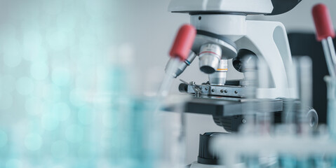 Scientist trinocular microscope with camera in science laboratory to test research and development new innovation for industry and hospital.