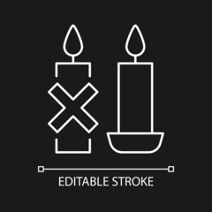 Use candleholder white linear manual label icon for dark theme. Thin line customizable illustration for product use instructions. Isolated vector contour symbol for night mode. Editable stroke