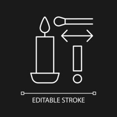 Light candle correctly white linear manual label icon for dark theme. Thin line customizable illustration for product use instructions. Isolated vector contour symbol for night mode. Editable stroke