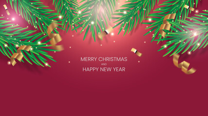Merry Christmas and Happy New Year Banner. Red Background. Christmas Lights and Sparkles with Serpentine and Confetti 