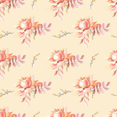 Watercolor pink roses, leaves and red berry. Flowers on a beige background.