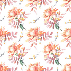 Watercolor pink roses, leaves and red berry. Flowers on a white background. Seamless pattern.