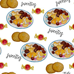 Watercolor hand drawn tea time set pattern, sweeties for tea, candies, drops, goodies with plates