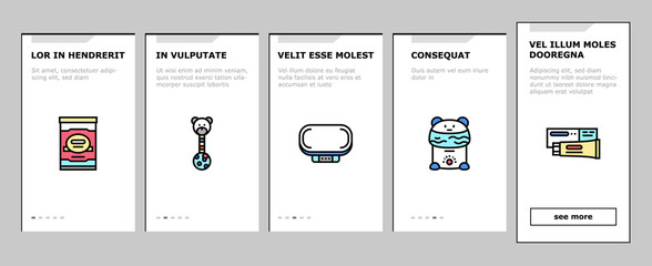 Baby Shop Selling Tool Onboarding Mobile App Page Screen Vector. Baby Diaper And Sterilizer Bottles Device, Newborn Educational Toy And Carousel Per Crib. Illustrations