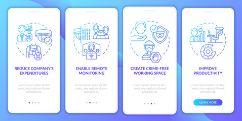 Enable remote monitoring onboarding mobile app page screen. Crime-free working space walkthrough 4 steps graphic instructions with concepts. UI, UX, GUI vector template with linear color illustrations