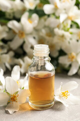 Obraz na płótnie Canvas Jasmine essential oil and fresh flowers on light grey table