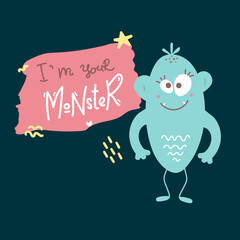 Happy cool cartoon fat monster. Red and horned vector monster character