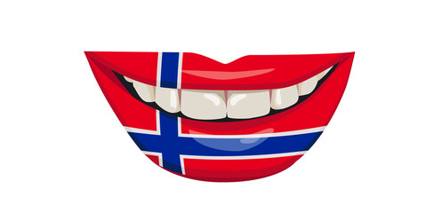 Norway flag on the lips. Smiling woman with white teeth. Vector illustration.