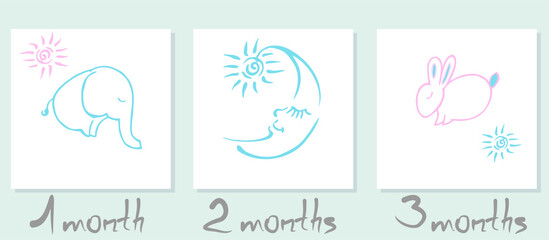 Pink rabbit, blue elephant and moon, moon with asterisks. Set of cute posters for toddler nursery. Vector, linear pattern with animals on a white background for packaging, gifts, clothes. © Ирина Кошелева