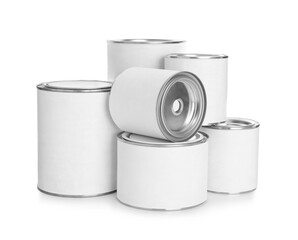 Closed blank cans of paint on white background