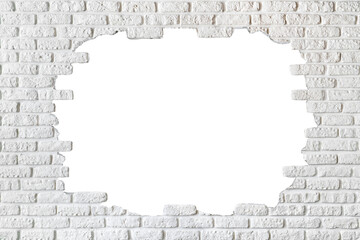White painted brick wall broken, damaged from center. decoration for background.