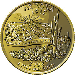 American money, USA Washington quarter dollar Arizona or 25-cent silver coin, Grand Canyon, saguaro cactus on reverse