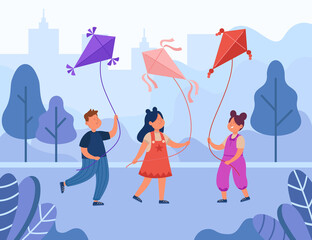 Cute kids walking with kites in park. Boy and girls flying air or wind toys on strings flat vector illustration. Outdoor activity, childhood concept for banner, website design or landing web page