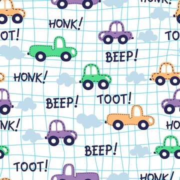 Seamless car pattern on square background with colorful vehiles, truck and words Beep, Toot, Honk.