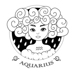 Aquarius Zodiac sign. Astrological black-white icons. A set of pretty girls with different hairstyles. Astronomy. Vector illustration isolated on white background.