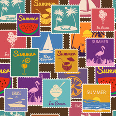 Postage stamps seamless pattern Summer vacation. Retro background signs travel exotic tour. Vector illustration background vintage style