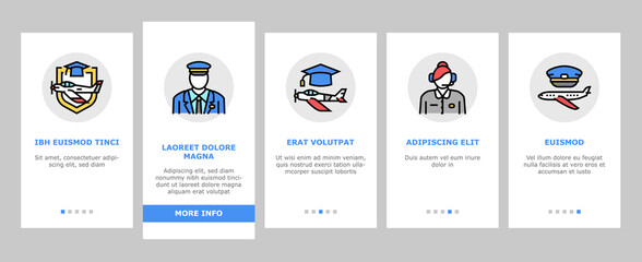 Flight School Educate Onboarding Mobile App Page Screen Vector. Flight Courses Education For Prepare Pilot And Air Navigator, Dispatcher And Steward Illustrations