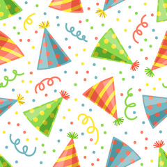 Birthday seamless pattern with cute hats and confetty on white background. Party, holiday, kids concept. Vector 10 EPS illustration.
