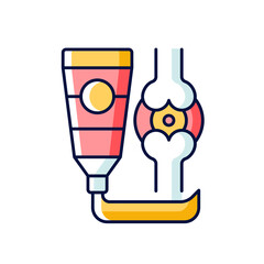Ointment for arthritis RGB color icon. Pain relieving cream. Anti-inflammatory drug. Stiffness, muscle spasms reduce. Cooling, warming joints. Isolated vector illustration. Simple filled line drawing
