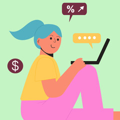 Marketing in social networks.  Woman, girl sitting on the floor at her laptop in pink, yellow colors.