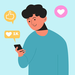 Marketing in social networks.  A guy, a brunette man holding a smartphone in blue, black.