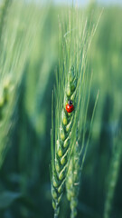 insect ladybug on wheat ears.