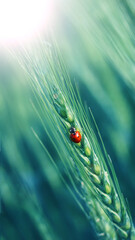 insect ladybug on wheat ears.