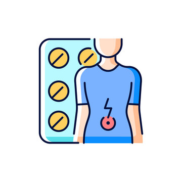 recommend clip art: Tablets for stomach ache RGB color icon. Relaxing muscles in abdomen. Digestive wellbeing. Treating cramps, diarrhea. Support bowel function. Isolated vector illustration. Simple filled line drawing