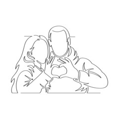 Continuous line art drawing of couple making heart shape