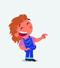 cartoon character of little girl on jeans points to his side while laughing.